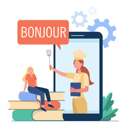 Young woman learning French cuisine online. Stack of books, digital device, chef on screen. Flat vector illustration. Online course, cooking concept for banner, website design or landing web pageのイラスト素材