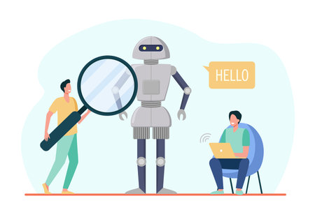 Engineers creating robot. Humanoid speaking Hello, men with laptop and magnifier. Flat vector illustration. Robotics, engineering, innovation concept for banner, website design or landing web pageのイラスト素材