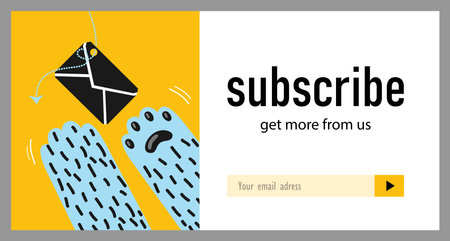 Newsletter design with animal foot. Cat paws catching envelope or message illustrations with subscribe button, box for email address Veterinary, pet shop concept for subscription letter designのイラスト素材