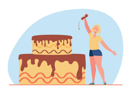 Happy tiny woman glazing cake with chocolate. Sweet, party, food flat vector illustration. Desserts and decoration concept for banner, website design or landing web pageのイラスト素材