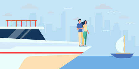 Happy couple standing on edge of yacht. Sea, cityscape, wealth flat vector illustration. Vacation and sailing concept for banner, website design or landing web pageのイラスト素材