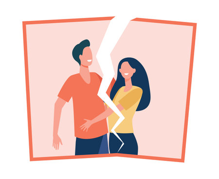 Young couples breakup. Torn picture of happy girl and guy. Flat vector illustration. Split up, divorce, heartbreak concept for banner, website design or landing web pageのイラスト素材