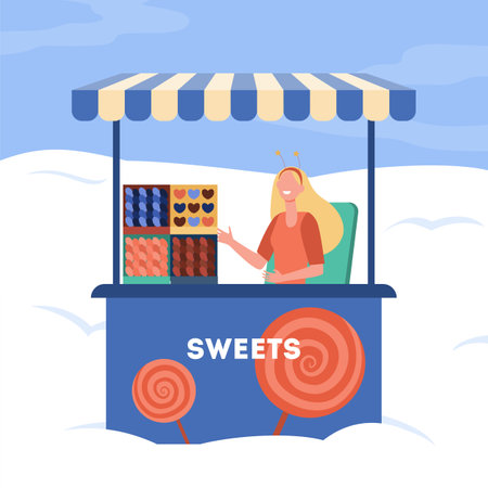 Woman selling sweets from stall. Trolley, kiosk, candy, lollypop. Flat vector illustration. Street food, marketplace, dessert concept for banner, website design or landing web pageのイラスト素材