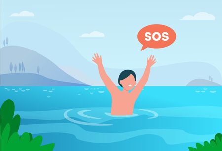 Child sinking in lake. Kid shouting, calling for help. Flat vector illustration. Children on beach, danger, warning, hazard concept for banner, website design or landing web pageのイラスト素材