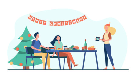 Friends celebrating Christmas together. Tree, dinner, table, decoration. Flat vector illustration. Xmas party, festive event, holiday concept for banner, website design or landing web pageのイラスト素材