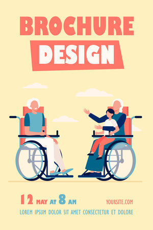 Old people in wheelchair holding kid and talking. Retirement, child, grandparent flat vector illustration. Generation and communication concept for banner, website design or landing web pageのイラスト素材