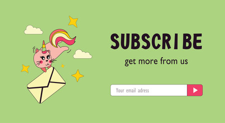 Newsletter design with unicorn cat. Cute kitten with rainbow tail flying with envelope vector illustration with subscribe button, box for email address Fairytale concept for subscription letter designのイラスト素材