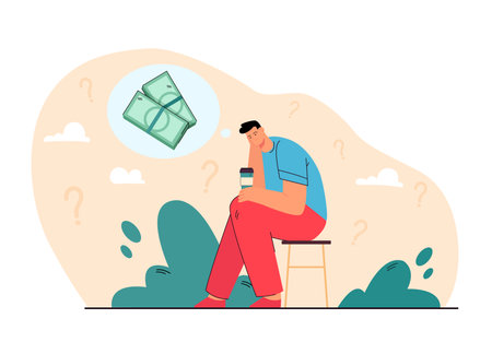 Sad bankrupt thinking of money problems over cup of coffee. Person having debts and financial troubles, feeling depression. Vector illustration broke businessman, poverty, unemployed man conceptのイラスト素材