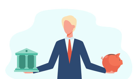 Pensive man choosing between bank and piggybank. Savings, protection, wealth flat vector illustration. Finance and money safety concept for banner, website design or landing web pageのイラスト素材
