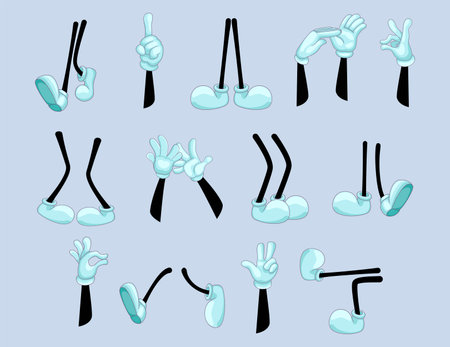 Set of funny arms and legs. Cartoon wrists in white gloves with various gestures, feet of standing, dancing, walking character. Vector illustration for artwork, bodyのイラスト素材