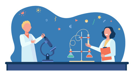 Lovely kids learning chemistry in laboratory. School, children, microscope flat vector illustration. Education and study concept for banner, website design or landing web pageのイラスト素材