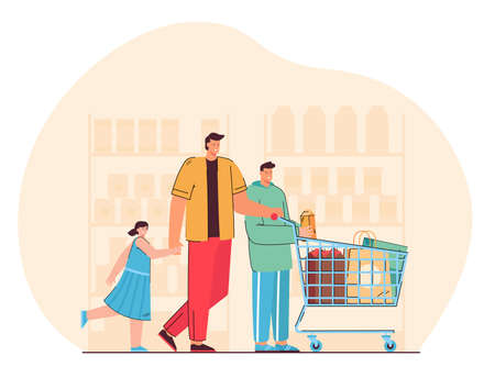 Happy father with children buying products in supermarket flat vector illustration. Cartoon dad and kids shopping in grocery store, wheeling cart along aisles. Consumerism and retail conceptのイラスト素材