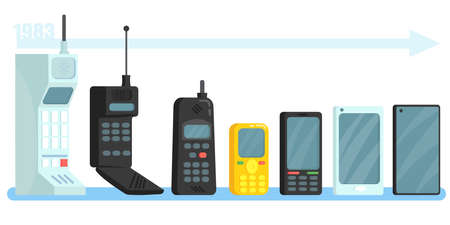 Cellphones different generations set. Line of vintage and modern mobile smart phones with antennas, small displays, touchscreens. Vector illustration for communication, technology, evolution conceptのイラスト素材