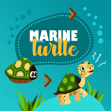 Blue background design with happy cute turtle. Cheerful turtle character walking on ocean bottom. Marine wildlife and animals concept. Template for promotional or invitation web pageのイラスト素材