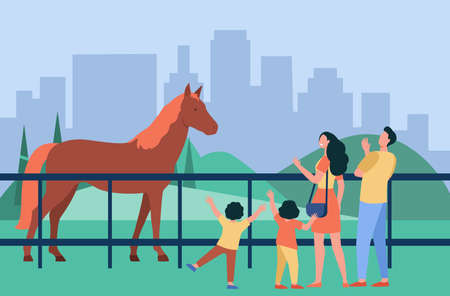 Family looking at horse in city park. Parent and kids visiting zoo or hippodrome. Flat vector illustration. Animals, family, entertainment concept for banner, website design or landing web pageのイラスト素材