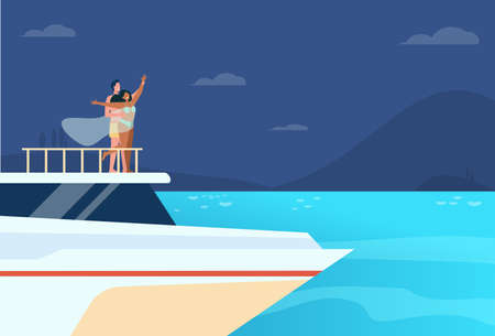 Happy young couple having fun on yacht. Guy and girl on snout of ship, boat or liner. Flat vector illustration. Sailing, vacation, cruise concept for banner, website design or landing web pageのイラスト素材