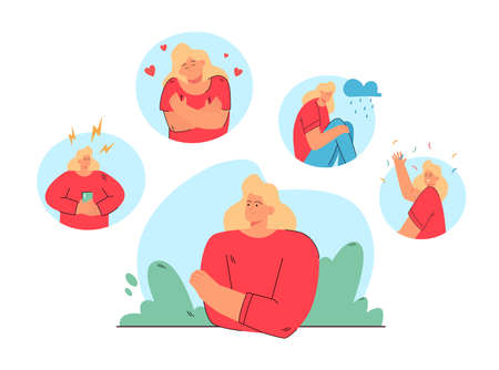 Woman in different moods and states vector illustration. Person suffering from distracted behavior, mood changes, feeling angry, sad or happy. For mental disorder, stress, bipolar disease conceptのイラスト素材