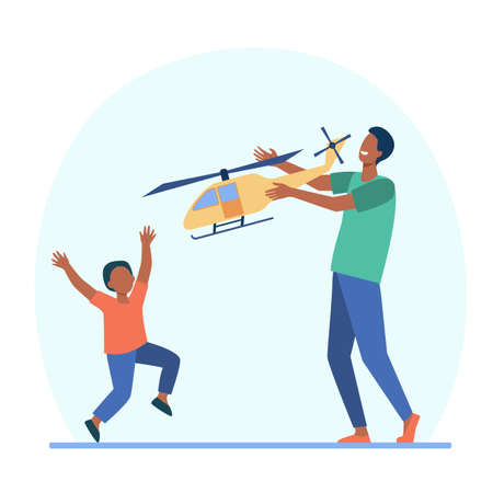 Happy African American father and son playing with helicopter. Toy, dad, kid flat vector illustration. Fatherhood and childhood concept for banner, website design or landing web pageのイラスト素材