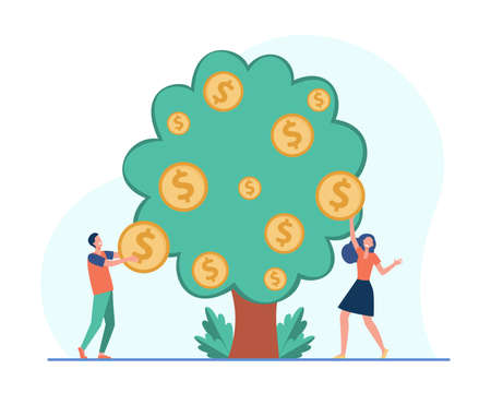 Happy people harvesting coins from money tree. Cash, finance, growth flat vector illustration. Wealth and investment concept for banner, website design or landing web pageのイラスト素材