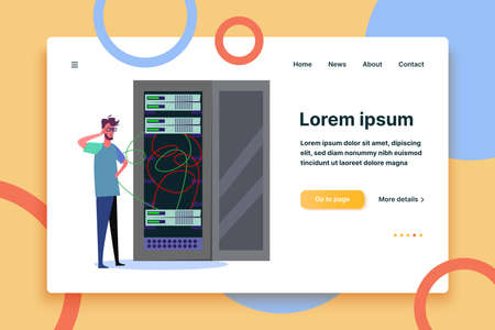 Man standing and looking at internet database server. Surprised network engineer going to fix data server flat vector illustration. Technology concept for banner, website design or landing web pageのイラスト素材
