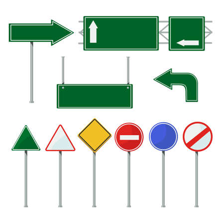 Road direction signs on poles set. Green metal blank billboards for highway isolated on white. Vector illustrations for city streets, urban traffic, driving conceptのイラスト素材