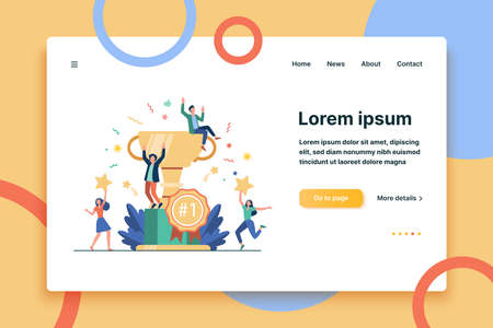 Team of happy employees winning award and celebrating success. Business people enjoying victory, getting gold cup trophy. Vector illustration for reward, prize, champions conceptsのイラスト素材