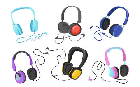 Modern headphones flat illustration set. Cartoon headsets and earphones for listening to music isolated vector illustration collection. Entertainment and accessory conceptのイラスト素材