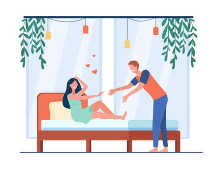Happy young couple flirting at bedroom. Bed, heart, honeymoon flat vector illustration. Relationship and love concept for banner, website design or landing web pageのイラスト素材