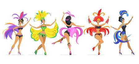 Samba female dancer set. Latin girls wearing feather bright costumes, dancing on parade. Vector...