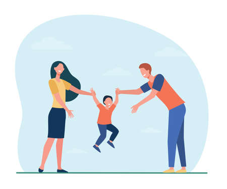 Mom and dad holding kids hands and lifting boy. Child and parents having fun together. Flat vector illustration. Family, leisure, activities concept for banner, website design or landing web pageのイラスト素材