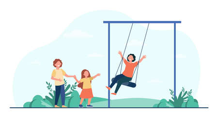 Happy kid swinging on swing. Children having fun on playground in park. Flat vector illustration. Childhood, outdoor activities, vacation concept for banner, website design or landing web pageのイラスト素材