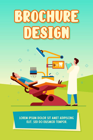 Patient sitting in medical chair during visit or treatment isolated flat vector illustration. Cartoon dentist working in diagnostic cabinet. Stomatology and dental clinic conceptのイラスト素材