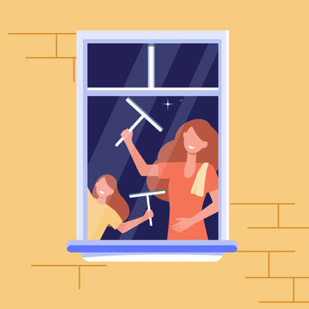 Mom and kid cleaning window. Daughter helping mother, rubbing glass with squeegee. Flat vector illustration. Domestic work, house cleanup concept for banner, website design or landing web pageのイラスト素材