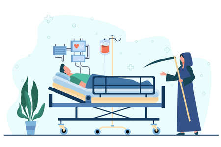 Patient dying in intensive care unit. Scythe of death, life support system. Flat vector illustration. Coronavirus hospital, grave condition concept for banner, website design or landing web pageのイラスト素材