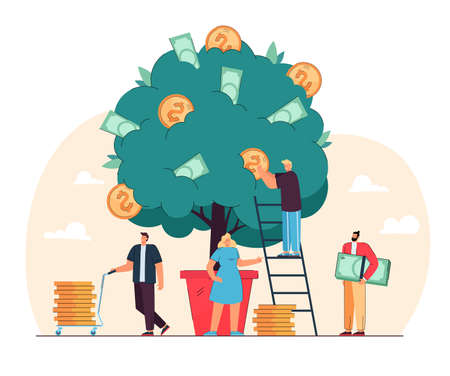 Happy tiny people growing money tree isolated flat vector illustration. Cartoon characters investing finances for revenue growth. Business prosperity, wealth and agriculture conceptのイラスト素材