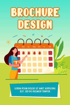 Woman checking menstruation calendar. Period, blood, lady flat illustration. Female health and organism concept for banner, website design or landing web pageのイラスト素材