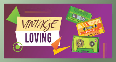 Cover design with stereo cassettes. Vintage audio tapes vector illustrations with text on dark purple. Music, media, entertainment, show concept for poster, website or webpage backgroundのイラスト素材