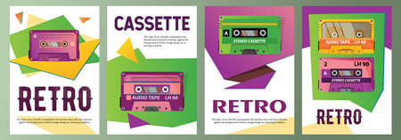 Stereo cassette posters set. Retro audio tape vector illustrations with text samples. Music, media, entertainment concept for flyers and greeting cards designのイラスト素材