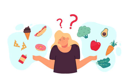 Thoughtful woman choosing between healthy and junk food flat vector illustration. Cartoon lady thinking about bad and good diet. Nutrition and lose weight conceptのイラスト素材