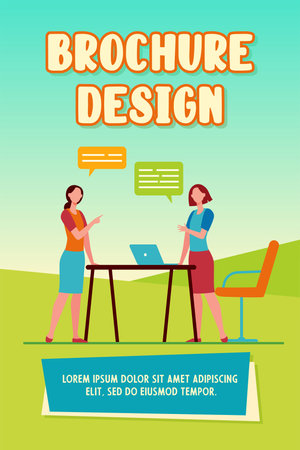 Two female colleagues discussing work. Laptop, team, speech bubble flat vector illustration. Business and communication concept for banner, website design or landing web pageのイラスト素材