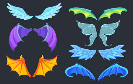 Fabulous creatures wings set. Dragon, monster, angel, butterfly wings isolated in black. Cartoon...