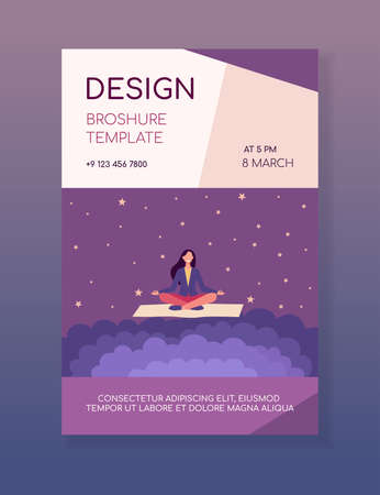 Smiling woman meditating on yoga mat. Cosmos, star, healthcare flat vector illustration. Meditation, wellness and consciousness concept for banner, website design or landing web pageのイラスト素材