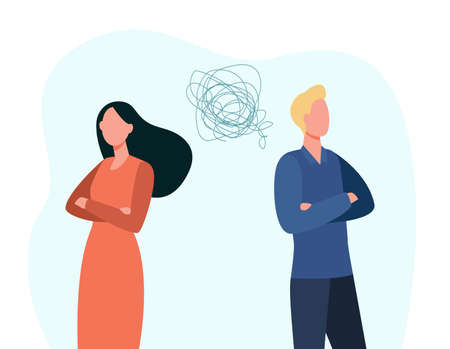 Man and woman family couple quarrel. Unhappy wife and husband standing back to back after argument flat vector illustration. Conflict, relationship problem concept for landing web pageのイラスト素材