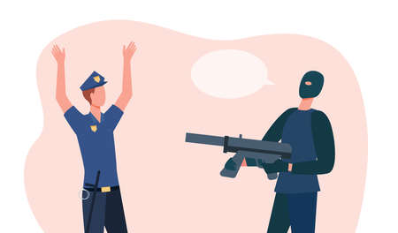 Criminal man in mask pointing gun weapon at police officer. Policeman person holding hands up flat vector illustration. Crime concept for banner, website design or landing web pageのイラスト素材