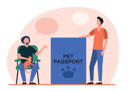 Cat owners men discussing pet passport. Veterinary animal identification document flat vector illustration. Pet passport concept for banner, website design or landing web pageのイラスト素材