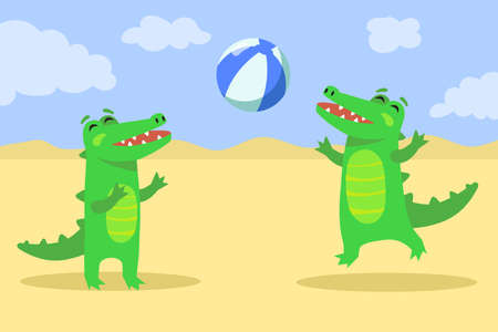 Tourists crocodiles playing with beach ball on vacation. Cute green alligator cartoon characters. Flat vector illustration. Reptile animal mascot, summer holiday, sport game conceptのイラスト素材