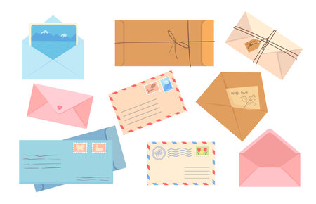 Stylish collection of different envelopes flat pictures for web design. Cartoon envelopes with mail, letters, stamps and handmade cards isolated vector illustrations. Post and mail service conceptのイラスト素材