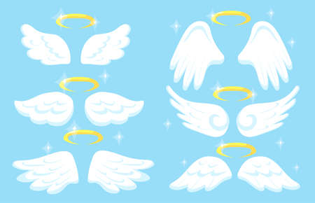 Creative angel wings with gold nimbus flat pictures set for web design. Cartoon collection of cute white wings isolated vector illustrations. Heaven and decorative elements conceptのイラスト素材