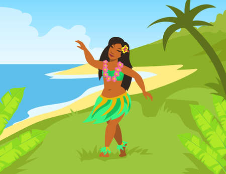 Hawaiian woman in national costume dancing on seashore. Hawaii sea shore tropical nature. Flat vector illustration. Summer vacation travel resort conceptのイラスト素材