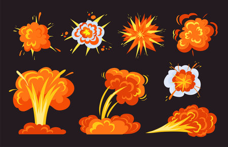 Trendy bright bomb explosions flat pictures collection. Cartoon fire bangs, comic dynamite clouds and booms isolated vector illustrations. Explosive crash elements conceptのイラスト素材